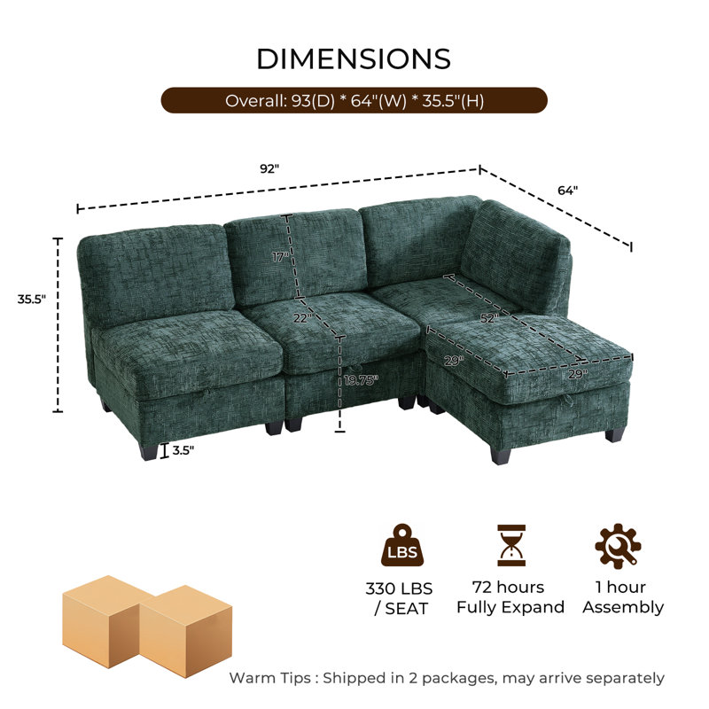 92" Modular Sectional Sofa with Storage & Removable Covers, L-Shaped Convertible 4-Seater Couch with Movable Ottoman, Modern Sleeper-Ready Sectional