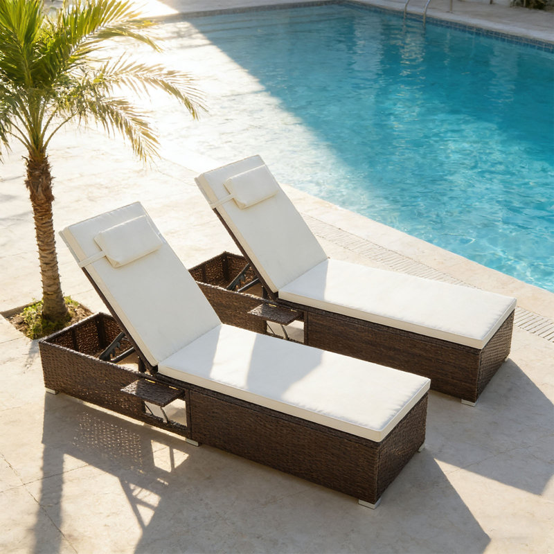Set of 2 Outdoor Chaise Lounges, Patio PE Rattan Reclining Chairs with 6-Position Adjustable Backrest, Cushioned Seats and Headrests