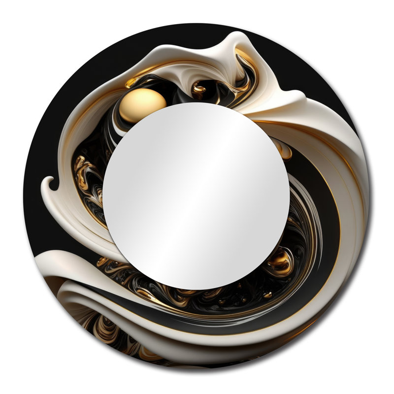 Sobaan Liquid White Stained Glass V - Abstract Spirals Large Mirror, Gold Round Decorative Wall Mirror, Printed Metal Art
