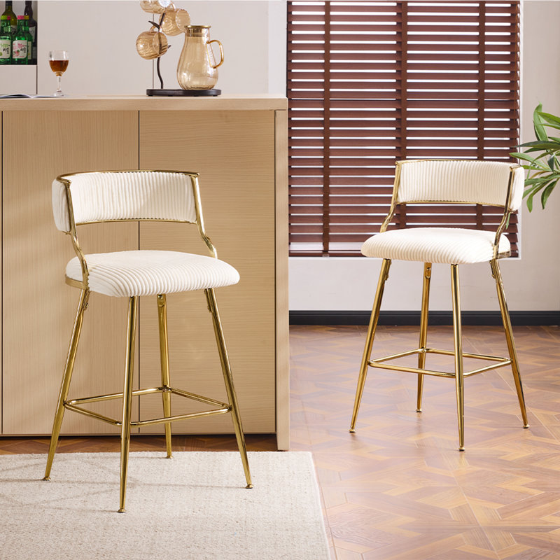 Set Of 2 Gold Frame Velvet Bar Stools With Backrest Footrest And Adjustable Feet For Kitchen Island Bar Dining Area, White