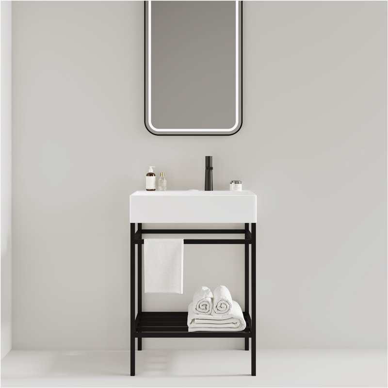 Meuble-lavabo 24 po avec lavabo en céramique, ensemble de lavabo console sur pied, lavabo rectangulaire en céramique mauve brillant sans robinet, pieds en métal ouverts, tablettes de rangement, noir
