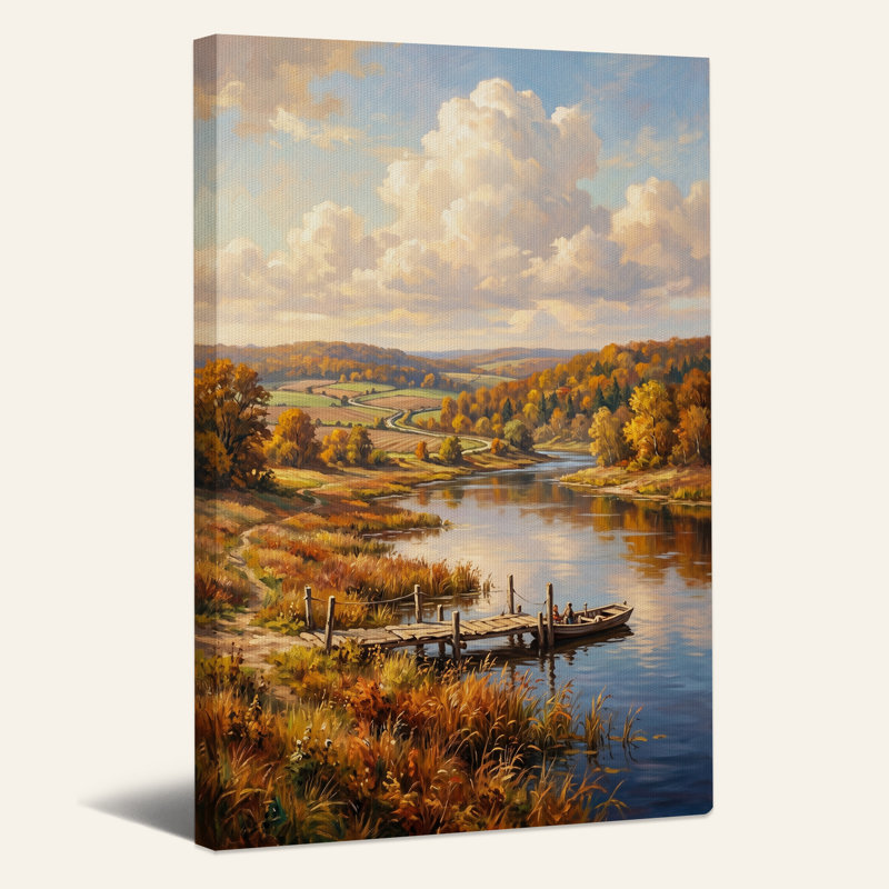 Tableau sur toile représentant une rivière et un quai en bois dans un paysage d'automne, H 18 po x l 12 po