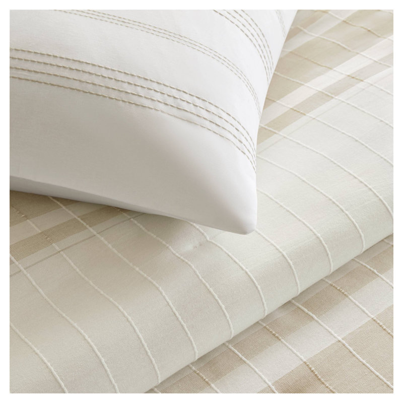 Ensemble d'édredon très grand en coton 6 pièces avec imprimé tropical et coussins décoratifs Taupe, Ivoire / brun clair rayé
