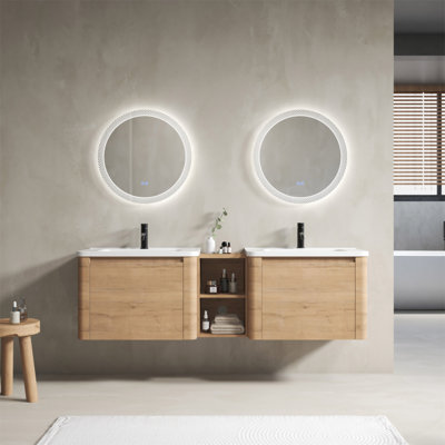 Meuble-lavabo mural de 68 po avec lavabo en céramique blanche et tablettes de rangement et 1 porte à fermeture en douceur, emballage KD, contreplaqué