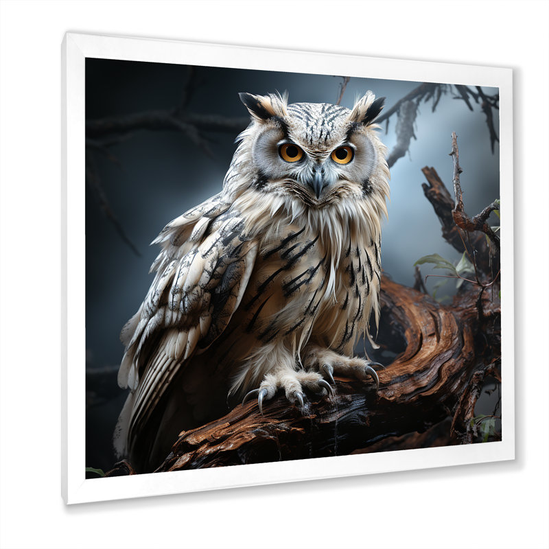 Portrait de hibou III - art mural hibou, Cadre simple blanc, H 16 po x l 16 po x P 1 po