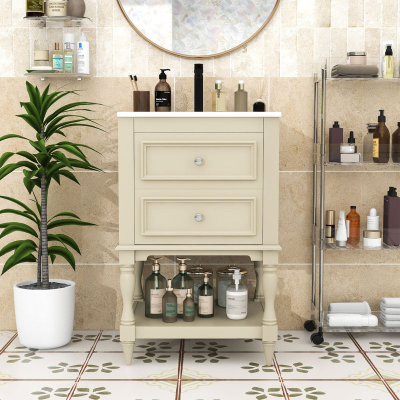 Meuble-lavabo compact avec lavabo en céramique, tablette inférieure, tiroirs basculants et en forme de U, Beige