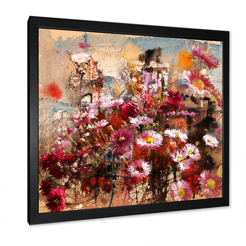 Automne fleurs mélangées - œuvre d'art traditionnelle sur toile, Impression noire sur toile encadrée