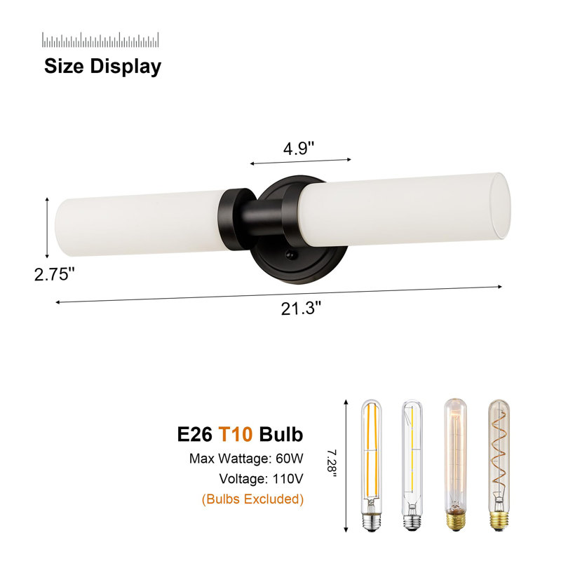 Black Bathroom Dimmable Light Fixtures, 2-Light Wall Sconces Lighting with White Glass Shade, Modern Vanity Lights for Mirror, Wall Mounted Lamp, E26 T10 Bulbs