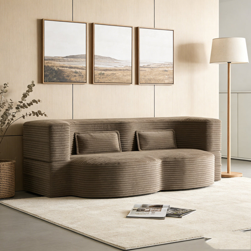 Modern Floor Sofa with 2 Pillows, Corduroy, Coffee