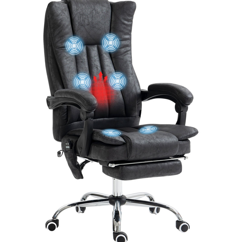 Fauteuil de bureau à haut dossier, noir, avec massage à 6 points et chauffage, fauteuil en microfibre de massage noir, chauffage, hauteur réglable et repose-pieds