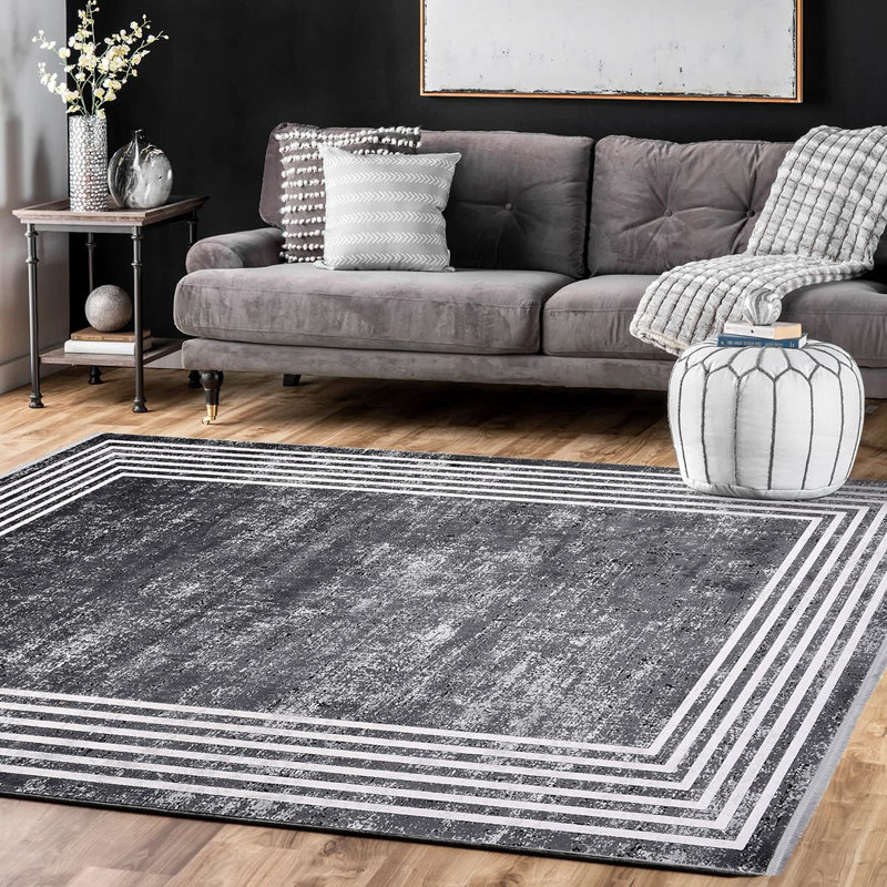 Tapis noir moderne lavable à la machine, Rectangle 5 pi 3 po x 7 pi 9 po