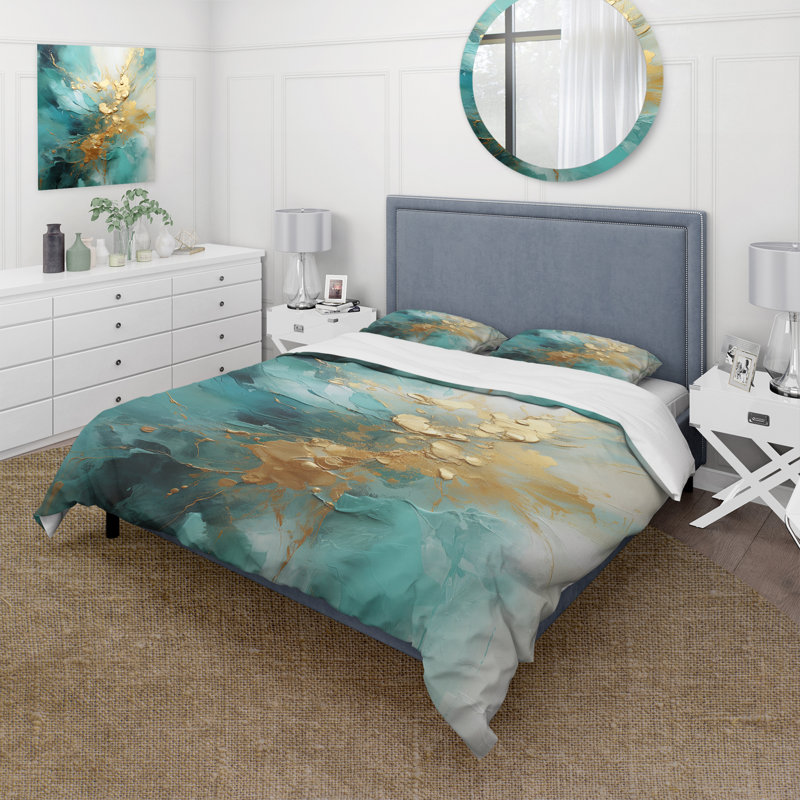 Ensemble d'édredon moderne 4 pièces - Ensemble de literie dorée et sarcelle Aurora Harmony II