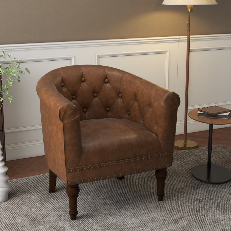 Fauteuil demi-tonneau touffeté en similicuir de 29,88 po Boney, Similicuir brun