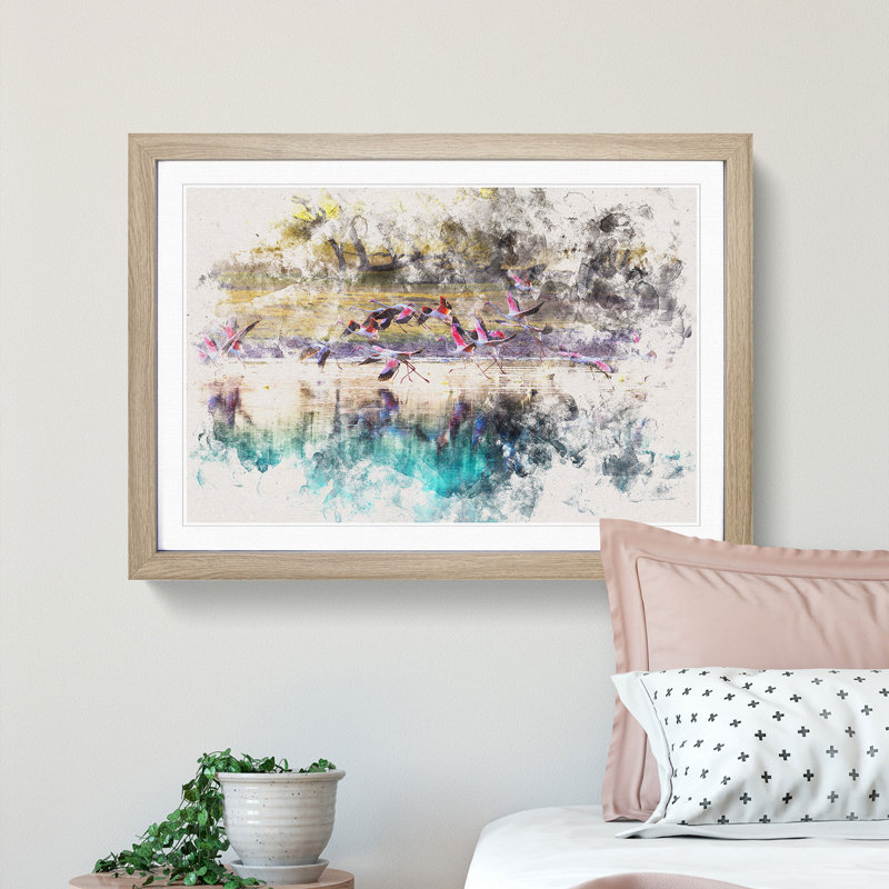 Flamingos Taking Flight - Picture Frame Painting Print, 62cm H x 87cm W x 2cm D, Oak Framed