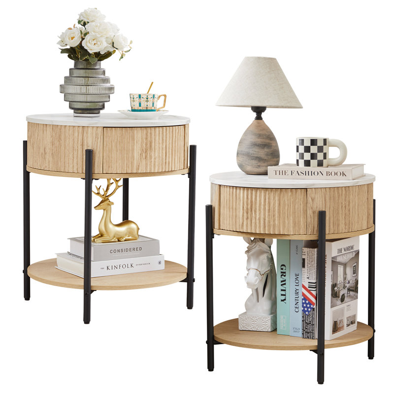 Table de bout ronde en marbre avec rangement, Naturel, 2