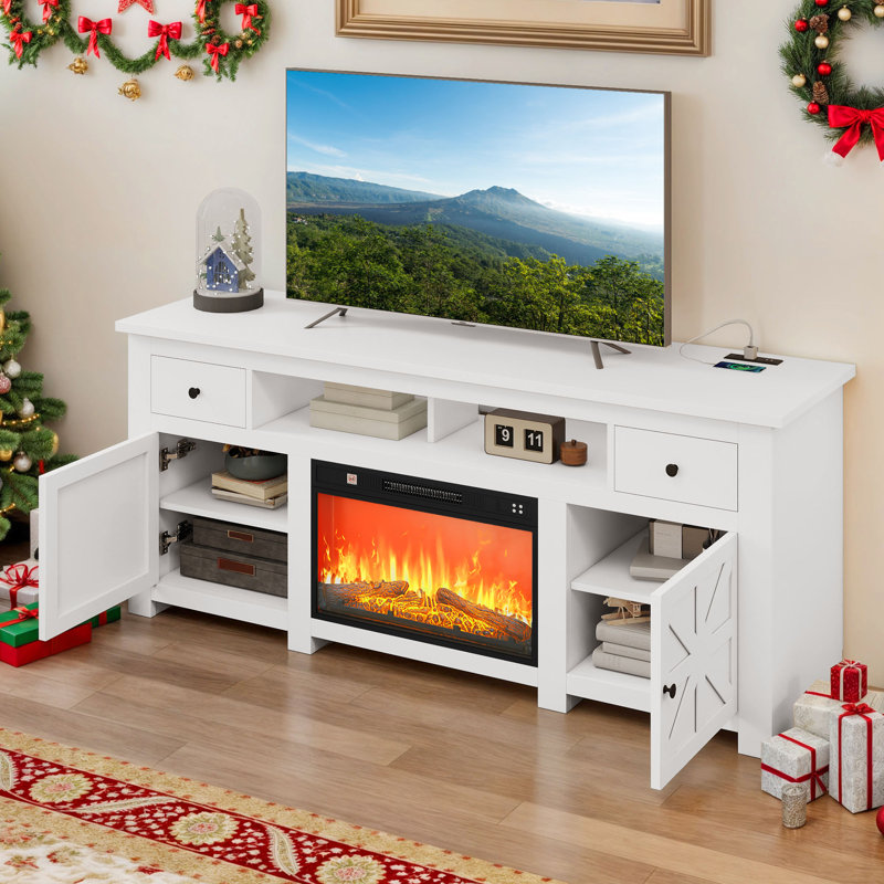 TV Stand For Large Screens Up To 80", Console With Fireplace And Storage, 70", White