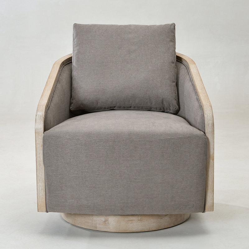 30" Wide Polyester Upholstered Swivel Barrel Chair With Wood Base, Slate Gray