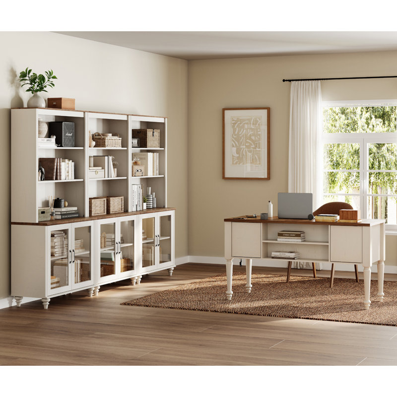 2 - Piece Office Set, 56" Executive Desk & Set Of 3 Bookcases With Glass Doors, White/Brown