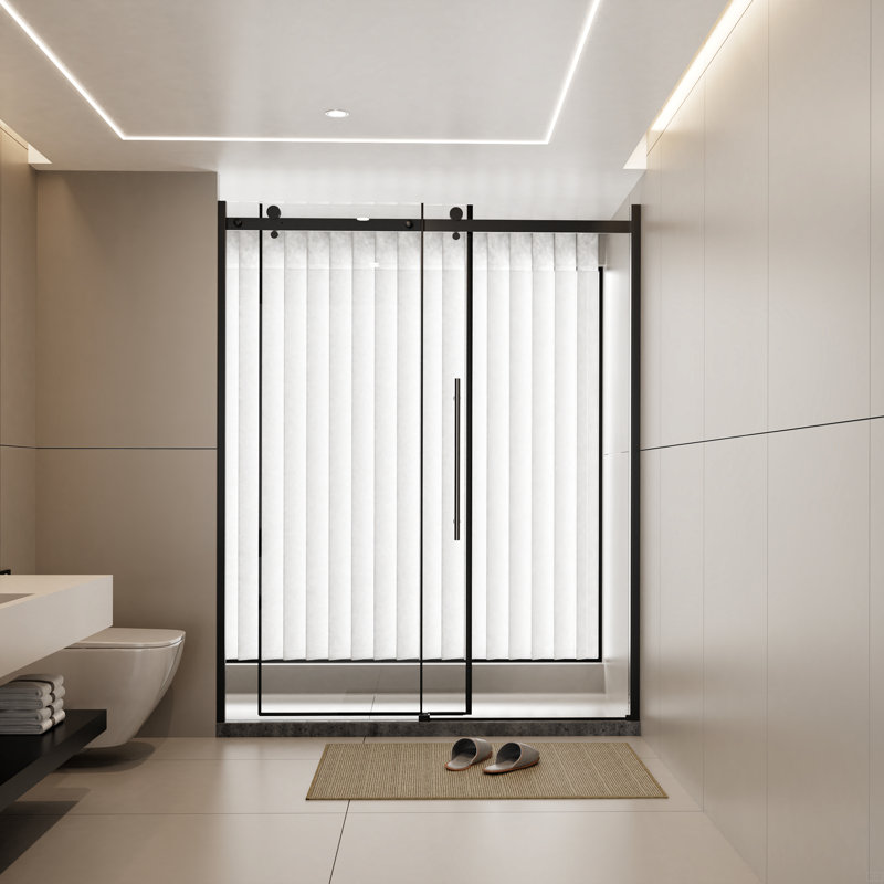 60.In W X 72.In H Frameless Shower Door Single Sliding, 1/4 Inch Thick Clear Tempered Glass Shower Door With Zinc Roller Rail System, Stainless Steel Handle