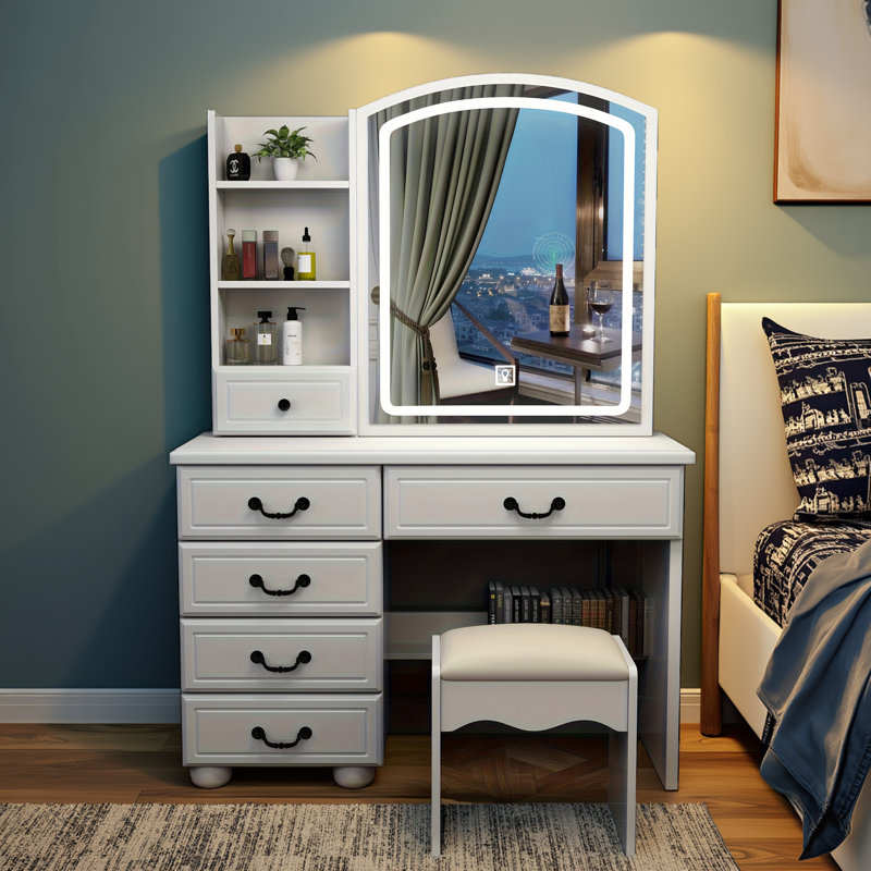 Bureau de coiffeuse Fashion avec miroir, lumières DEL réglables et 6 tiroirs pour ranger le maquillage