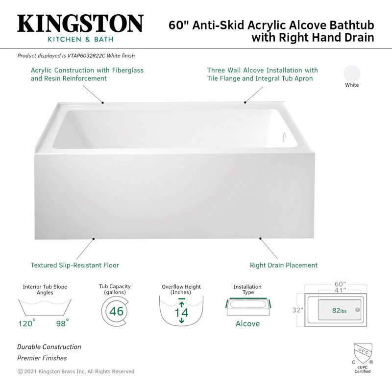 Aqua Eden 60-Inch White Acrylic Alcove Tub with Anti-Skid Surface