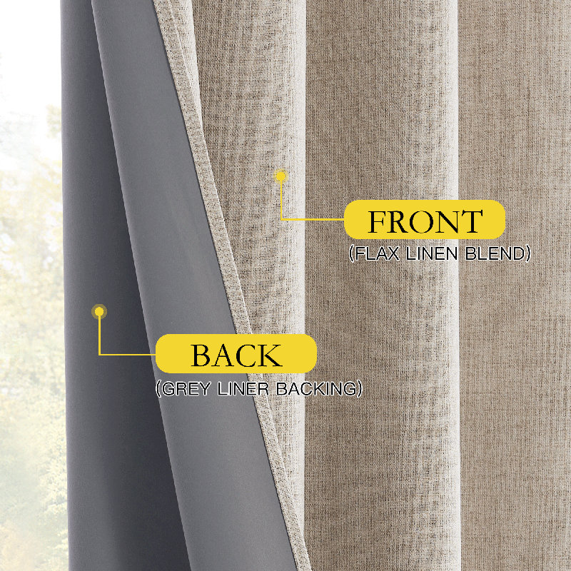 100% Blackout Linen Curtains for Bedroom, Burlap Linen Drapes with Thermal Insulated Grey Liner Grommet Noise Reducing Window Panels for Living room, 2 Panels