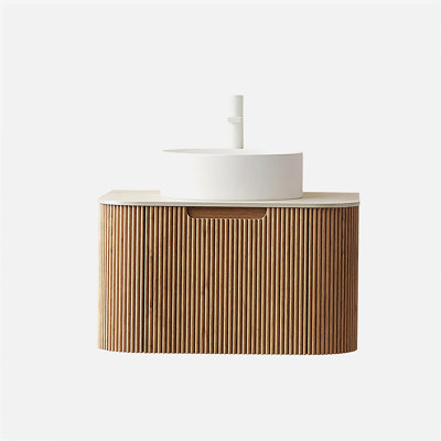 Dina 24" Bathroom Vanity&Sink, Floating Curved Edge Striped Plywood Storage Cabinet with Drawer, White Round Ceramic Basin&Travertine-Pattern Sintered Stone Top, Pre-assembled, Natural Woodgrain Color