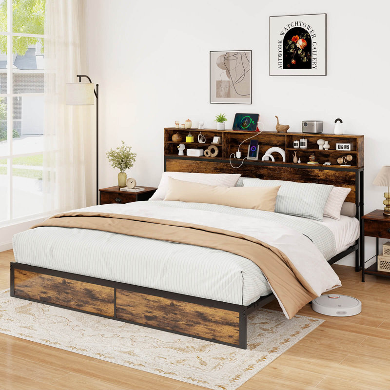 Bed Frame With Charging Station Storage Headboard Under-bed Storage Space, King