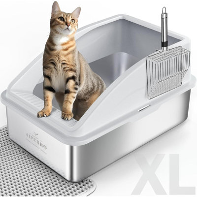 Stainless Steel Litter Box XL Enclosed Cat Litter Boxs With Lid For Big Cats Sided Anti Urine Leakage  Non Stick Bottom & Includes Litter Mat & Metal Scoop