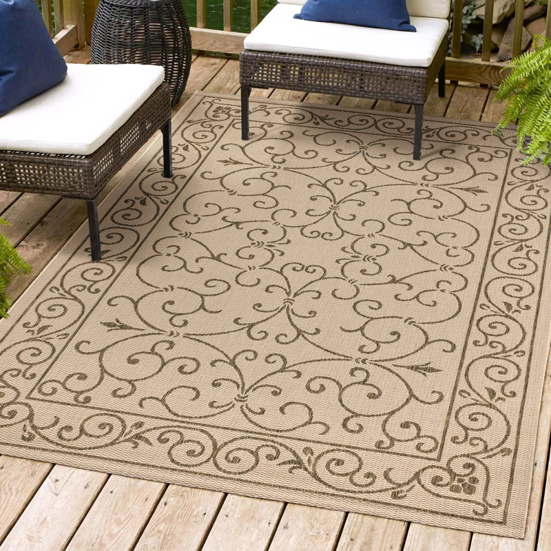 Tapis d'intérieur / extérieur beige / brun tissé texturé Hagerman, Rectangle 10 pi x 14 pi
