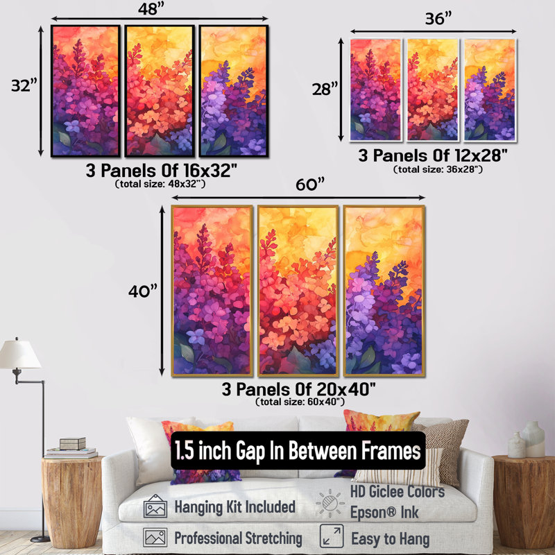Coucher de soleil lilas mauve dans les jardins botaniques II - lilas, ensemble d'art mural, H 28 po x l 36 po, Noir