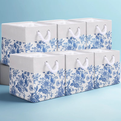 6 Pcs Blue Floral Cube Storage Bins, 13 Inch Square Collapsible Fabric Baskets with Handles, Decorative Organizer for Classroom, Bedroom, Office, and Home