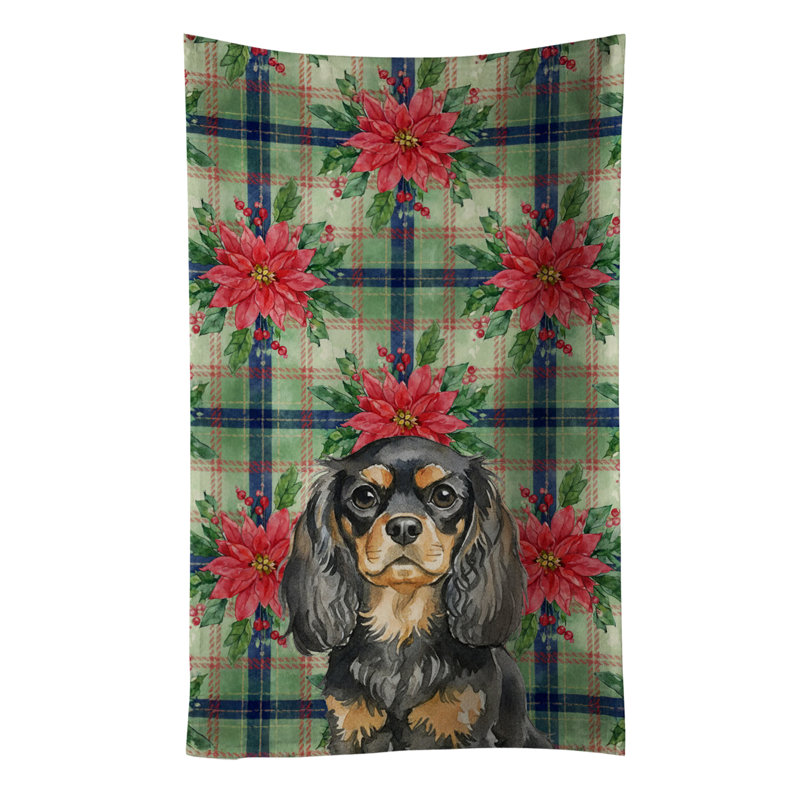 Black and Tan English Toy Spaniel Christmas PoinsettIas Kitchen Towel, Black/Tan English Toy Spaniel