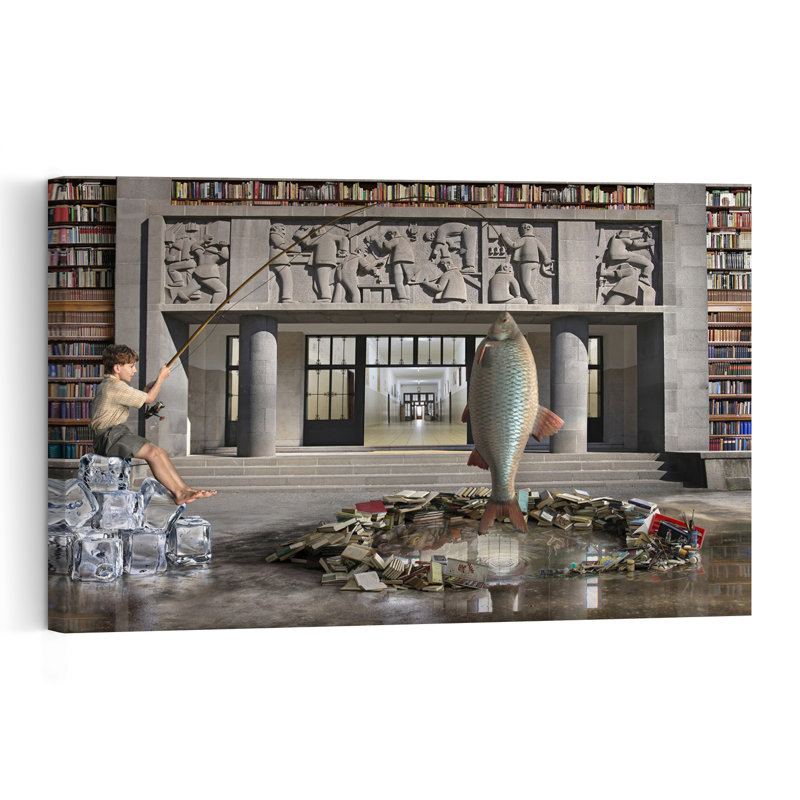 " Surreal Library Fishing Surreal Contemporary Fish Architecture Wall Art Print " Print, H 48 po x l 32 po