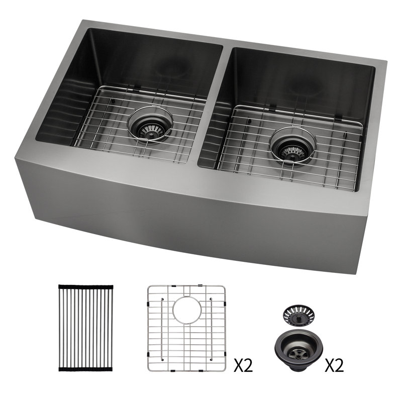 Évier de cuisine à double cuve de style campagnard en acier inoxydable - 36 po x 21 po x 10 po en acier inoxydable avec tablier frontal en acier inoxydable de calibre 16 et deux cuves profondes de 10 po