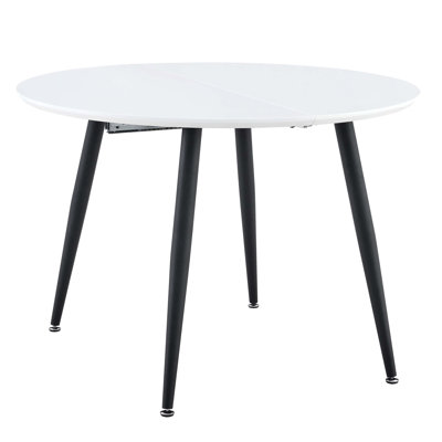 Table de salle à manger télescopique en panneau de fibres à densité moyenne, plateau de table lisse blanc avec pieds en métal noir