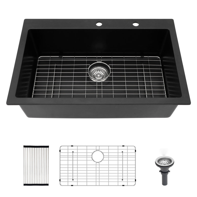 Évier de cuisine encastré en quartz 33 po x l 22 po, évier de cuisine en composite de granite avec grille d'évier, crépine et support à enrouler