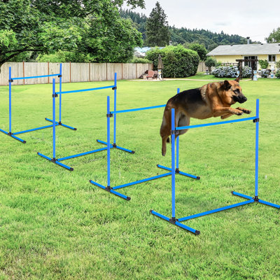 Ensemble de 4 pièces pour l'entraînement d'agilité pour chien avec haies ajustables, sac de transport et adapté à différentes tailles, bleu, barres de saut de 25,5 po de configuration, diverses