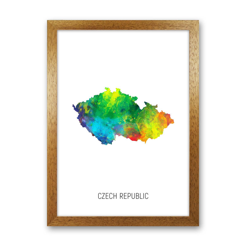 Czech Republic Watercolour Map by Michael Tompsett - Print, 46cm H x 34cm W x 3cm D, Brown Framed