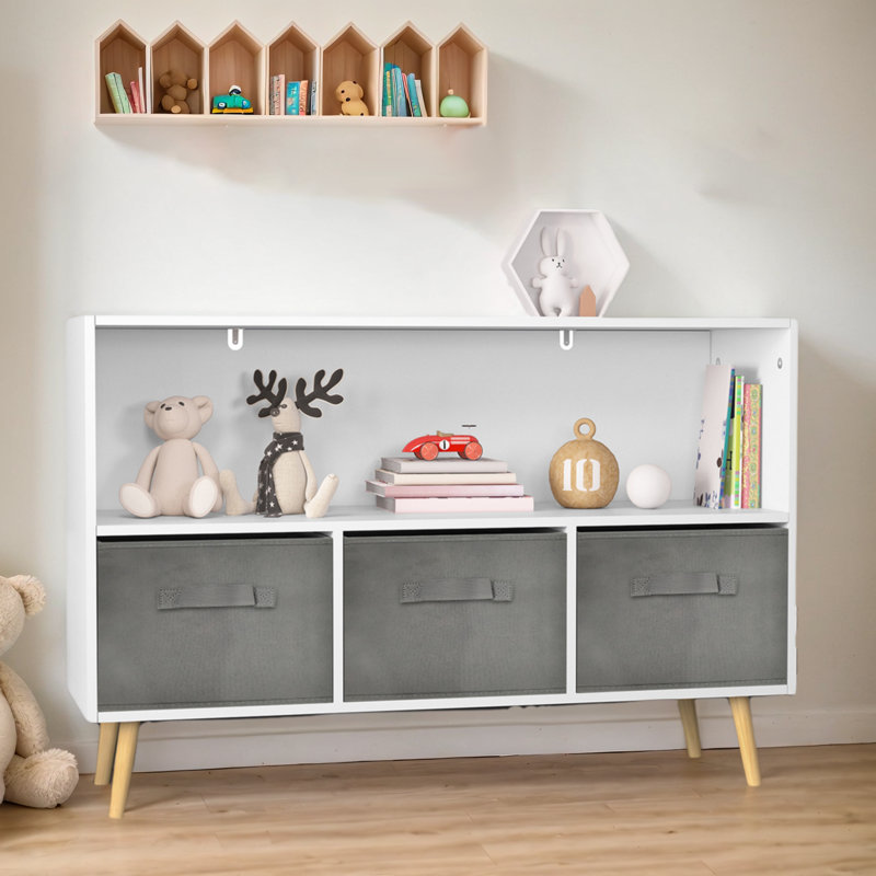 Children's Multi-Purpose Bookshelf With Collapsible Fabric Bins, White/Grey