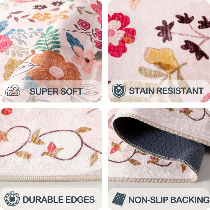 2x3 Ft  Area Rugs For Entryway, Non-Slip Low Pile Boho Small Carpet, Machine Washable Floral Throw Rug For Entrance, Bedroom, Kitchen, Laundry, Bathroom (2x3 Ft  Beige Red)