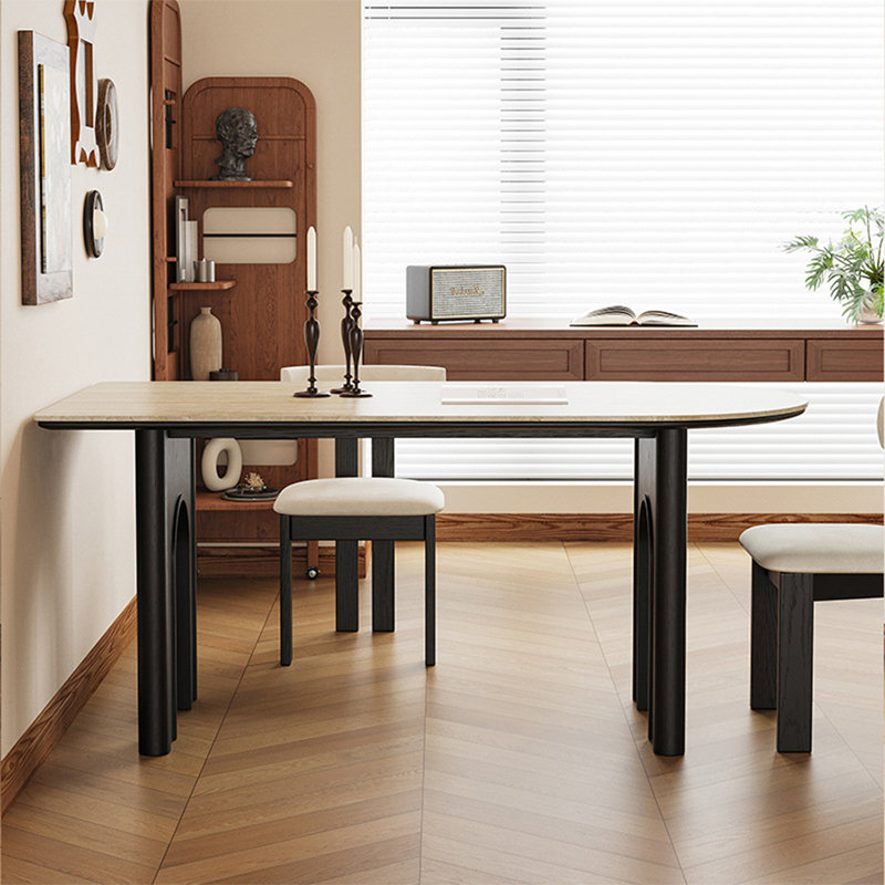 Table de salle à manger Judson beige + demi-cercle fritté noir + bois massif, H 29,53 po x L 70,87 po x l 31,5 po