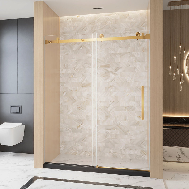Frameless Single Sliding Shower Door  56-60 "W X 76" H, 1/4 "(6 Mm) Clear Tempered Glass, Explosion Proof Film, Stainless Steel Handle Square Tube Track ,Brushed Gold