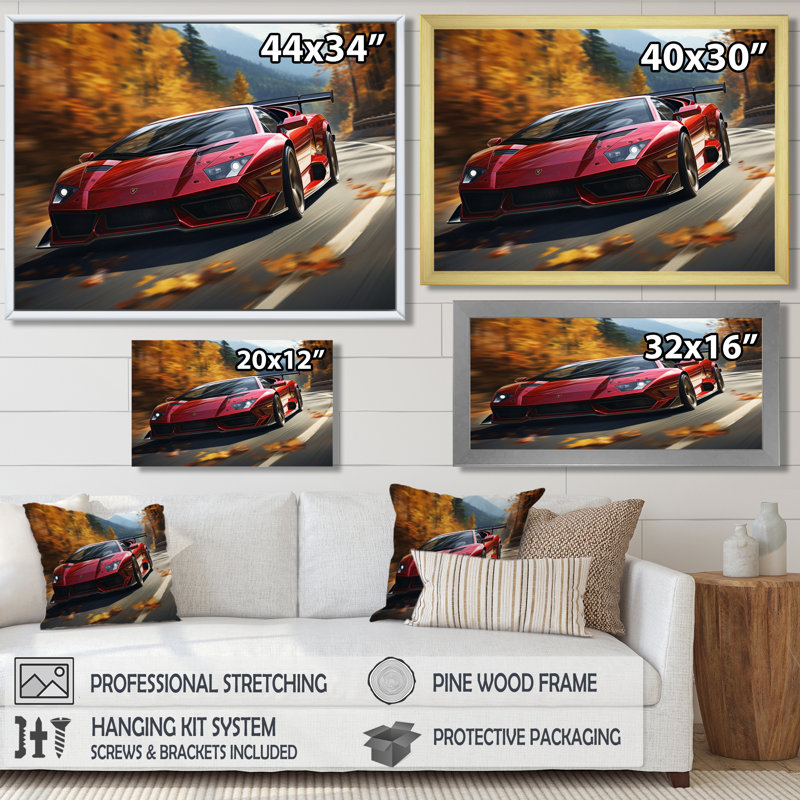 «Lamborghini Diablo Highway Red», reproduction d'art mural voiture exotique, Cadre flottant doré, H 12 po x l 20 po x P 1 po