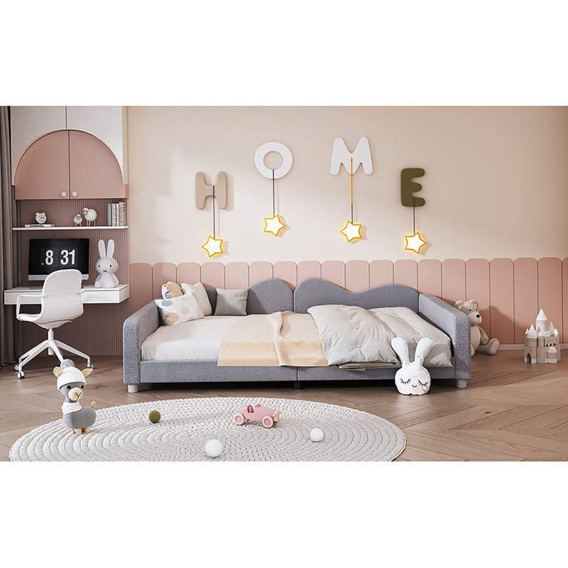Full Size Upholstered Daybed, Sherpa Fabric Sofabed With Cloud-Shaped Backrest, No Box-Spring Needed, Gray, Gray