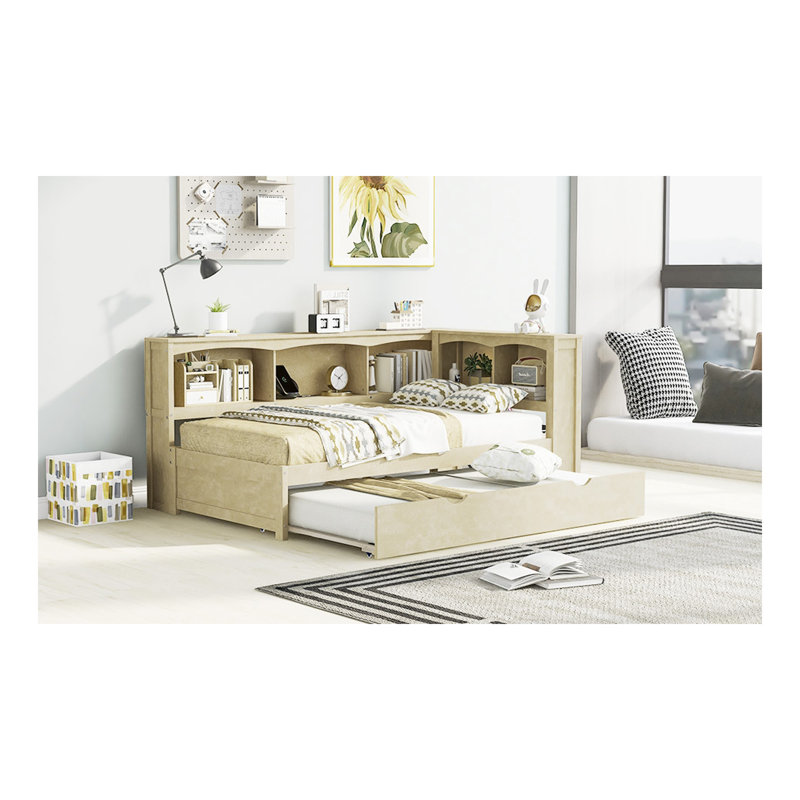 Lit de jour simple avec couchette, armoires de rangement et ports USB, Bois