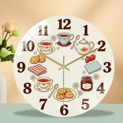 Horloge murale silencieuse en verre trempé de 30 cm, « Thé, baies et horloge », sans tic-tac, fonctionne avec des piles AA (non incluses), décoration artistique pour la maison