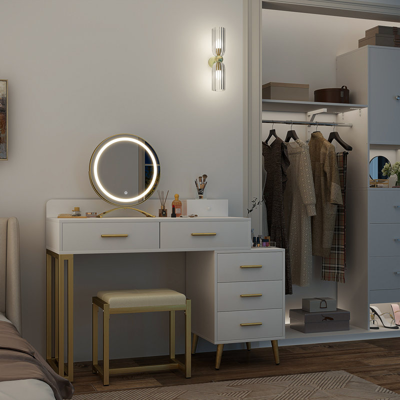Bureau de coiffeuse avec tabouret et miroir DEL Grosmark, Blanc / doré
