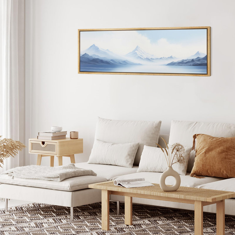 Tranquil Mountain Peaks Blue Landscape Vintage Inspired Stripes, reproduction d'art sur toile, H 20 po x l 60 po, Naturel