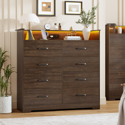 8 Drawer Dresser for Bedroom - 45” Tall Chest of Drawers with LED Light and Charging Station, Modern Organizer Cabinet with Open Shelf Table for Living Room, Entryway, Hallway,Retro